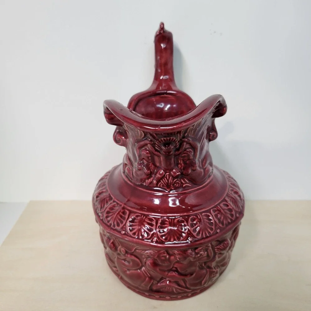 Vintage Burgundy Ceramic Pitcher Jug Relief Figures‎ Embossed Floral Design